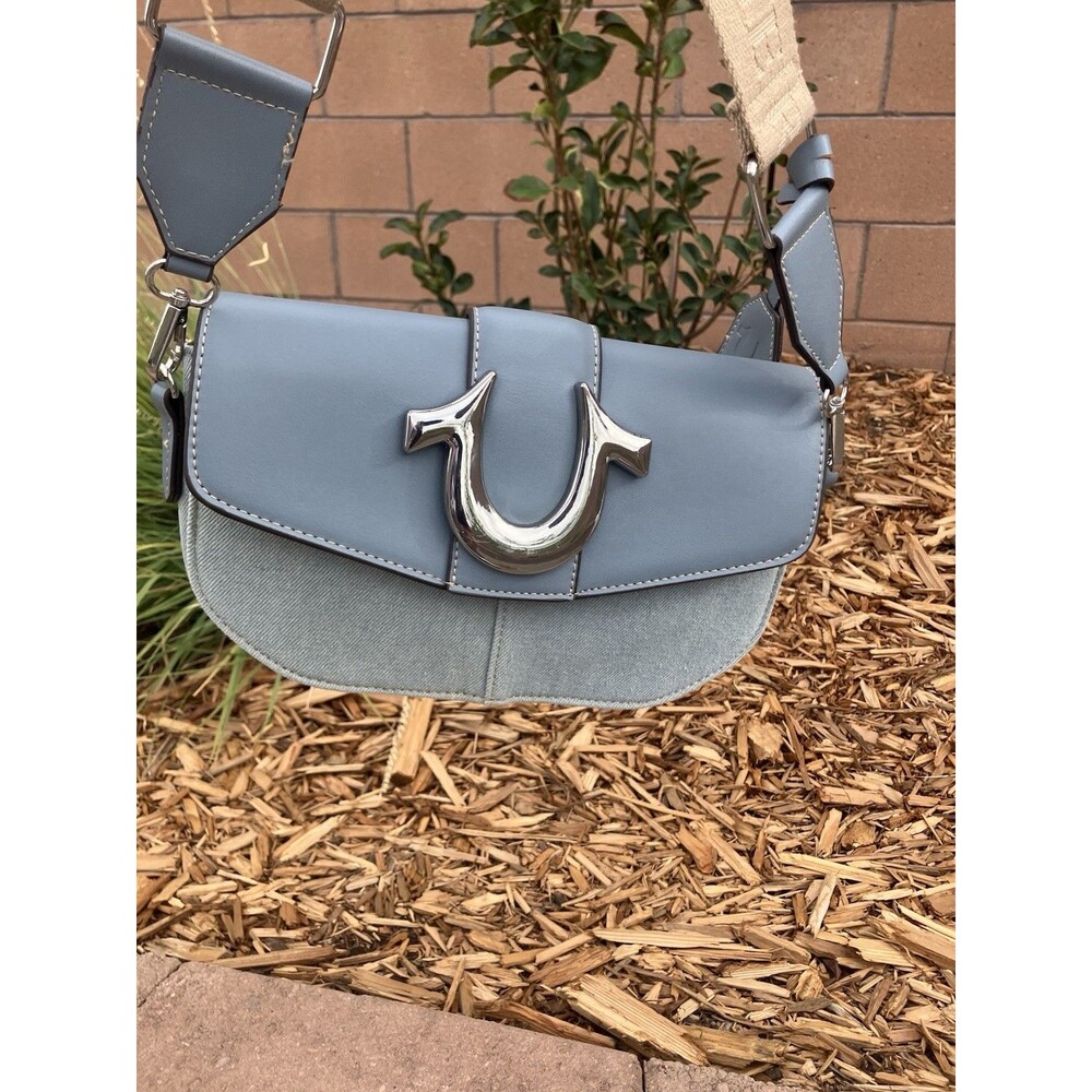 True Religion Crossbody Bag Blue Denim Horseshoe Logo Adjustable Strap Purse